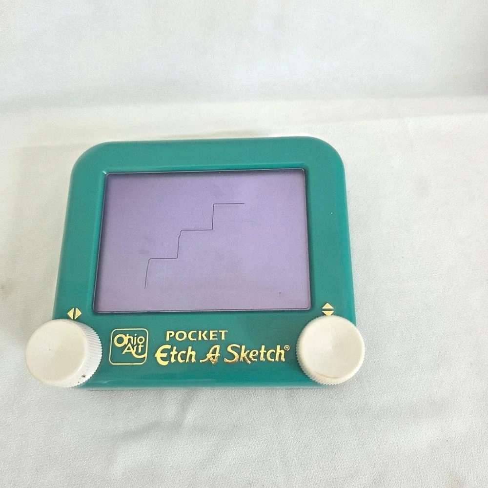 Vintage Pocket Etch A Sketch Teal Green Travel Drawing Toy Retro